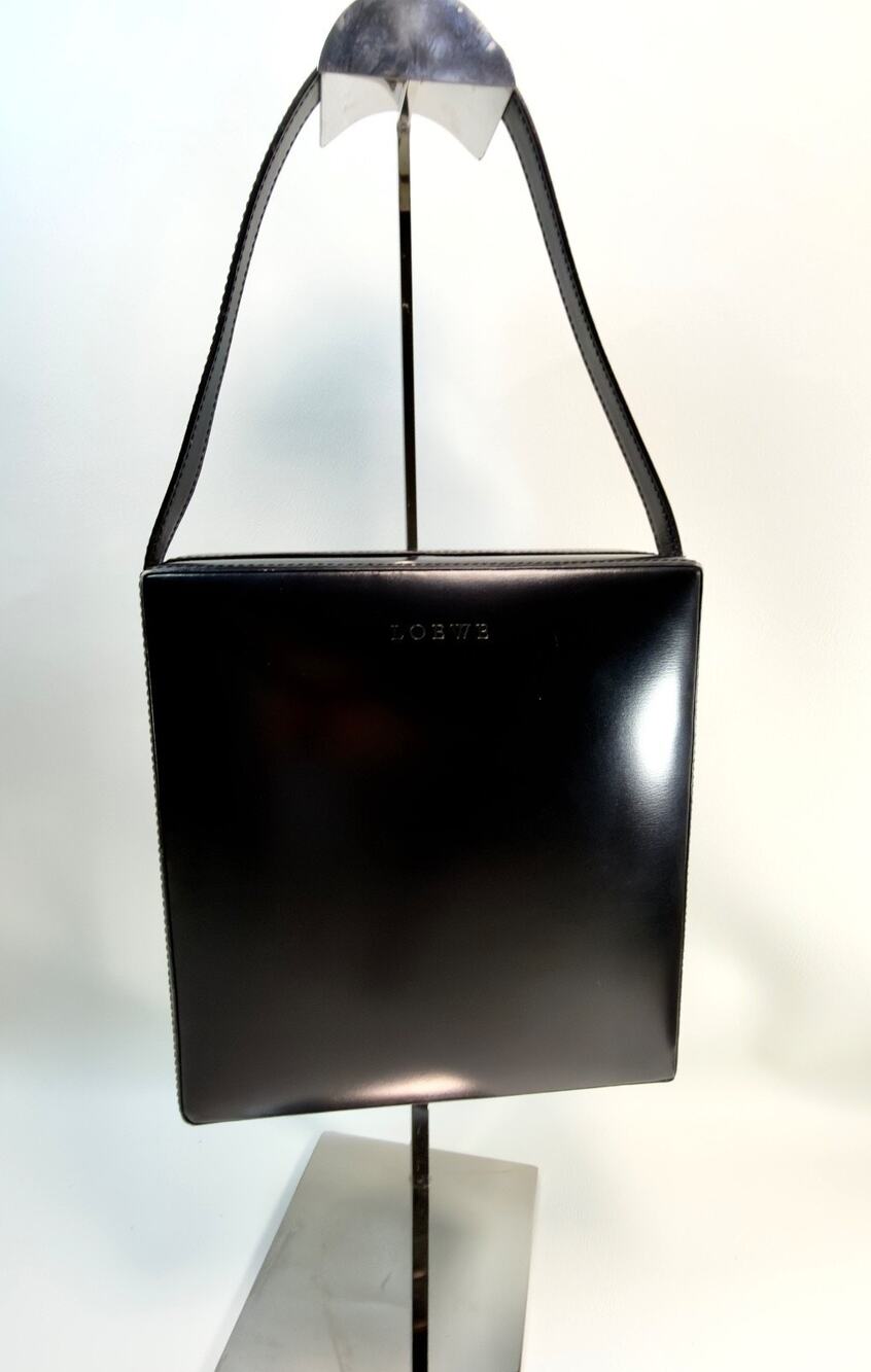 Vtg LOEWE Black Leather Minimalist Square Box Shoulder Bag Tote Plaque Authentic